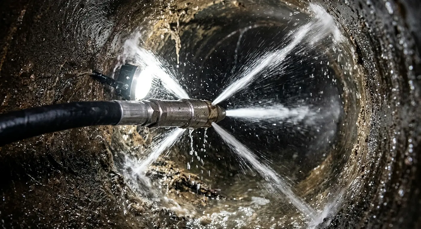 High-pressure hydro jetting nozzle cleaning sewer pipe for Trenchless Sewer Repair in West University Place