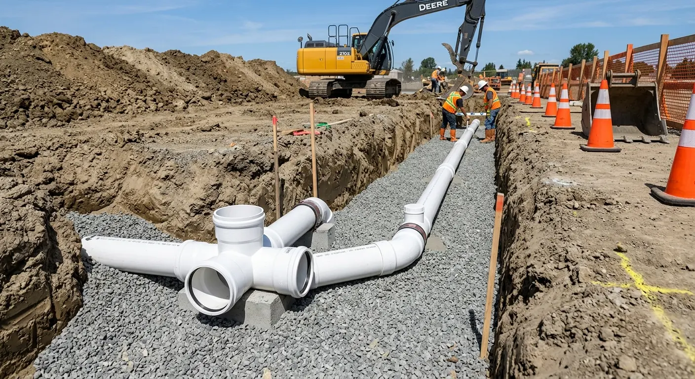 New PVC sewer pipe installation in open trench for Commercial Drain Cleaning in West University Place