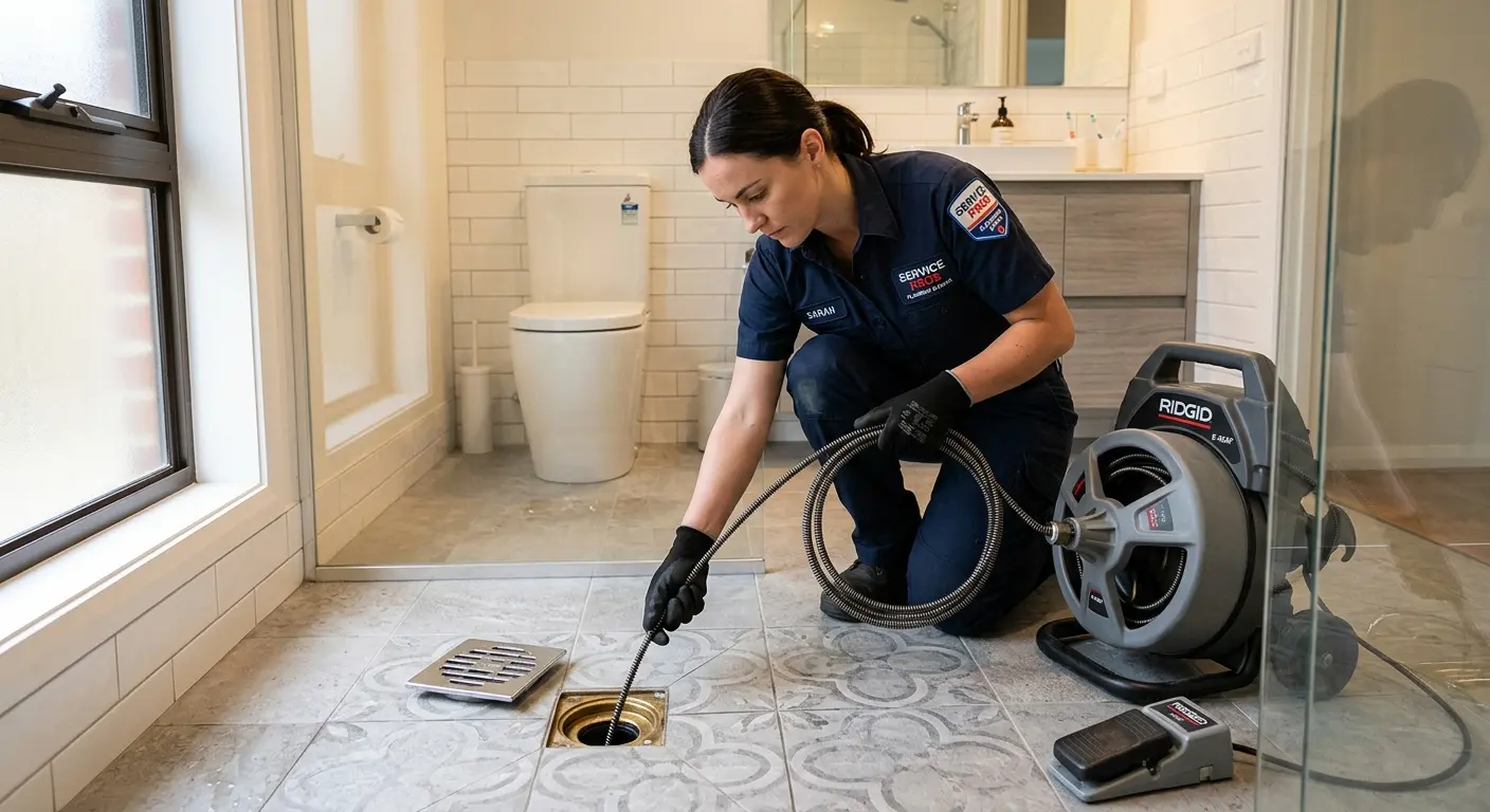Technician clearing a bathroom floor drain for Drain Repair in West University Place